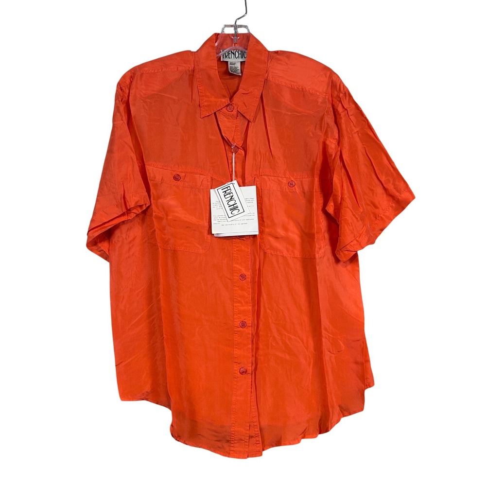 NWT Vintage Women Orange‎ Silk Short Sleeve Button Up Shirt Frenchic Lg. Classic